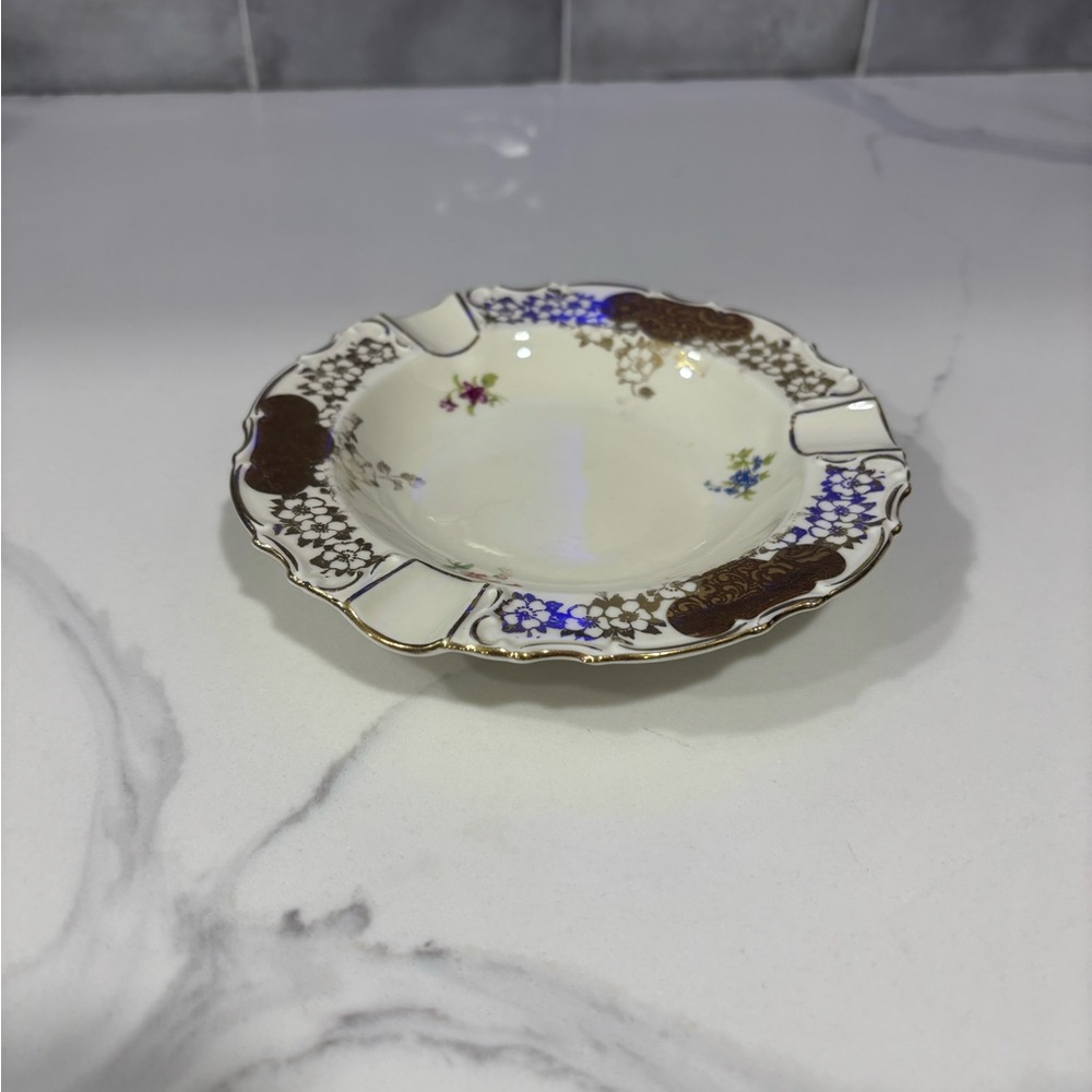 Alka Kunst antique ashtray with floral and Gold Accents